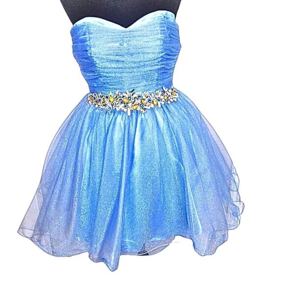 CAMILLE LA VIE BLUE ORGANZA HOMECOMING PARTY DRESS W/ CRYSTAL EMBELLISHED WAIST - Picture 1 of 7